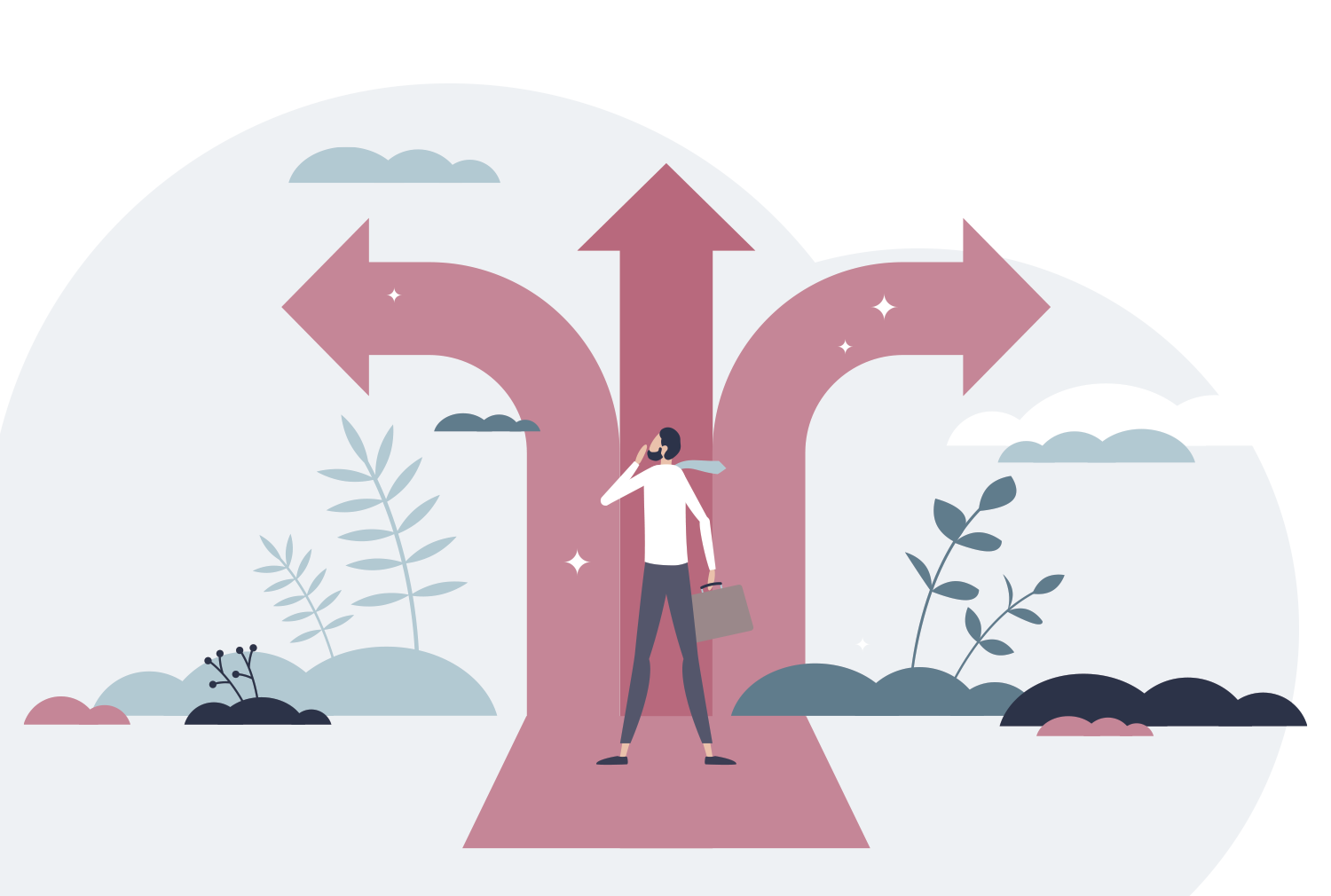 Vector graphic of a man standing in front of pathways, deciding which way to go