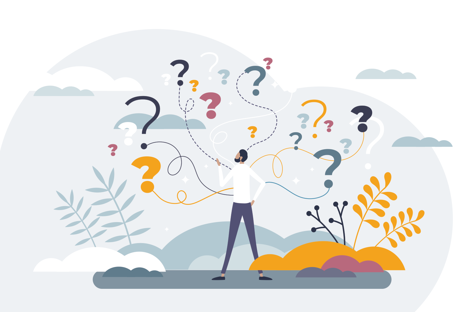 Vector graphic of man with question marks around him representing frequently asked questions for New Pathways Counseling